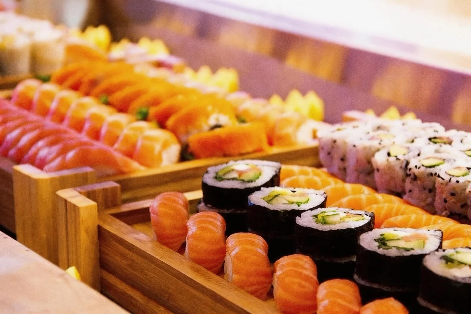 Tray of sushi and maki rolls from the all-you-can-eat buffet